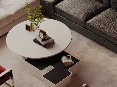 Modern Gray Sofa And Round White Coffee Table Set With Green Plant Clock And Books 3d model
