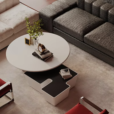 Modern Gray Sofa And Round White Coffee Table Set With Green Plant Clock And Books 3d model
