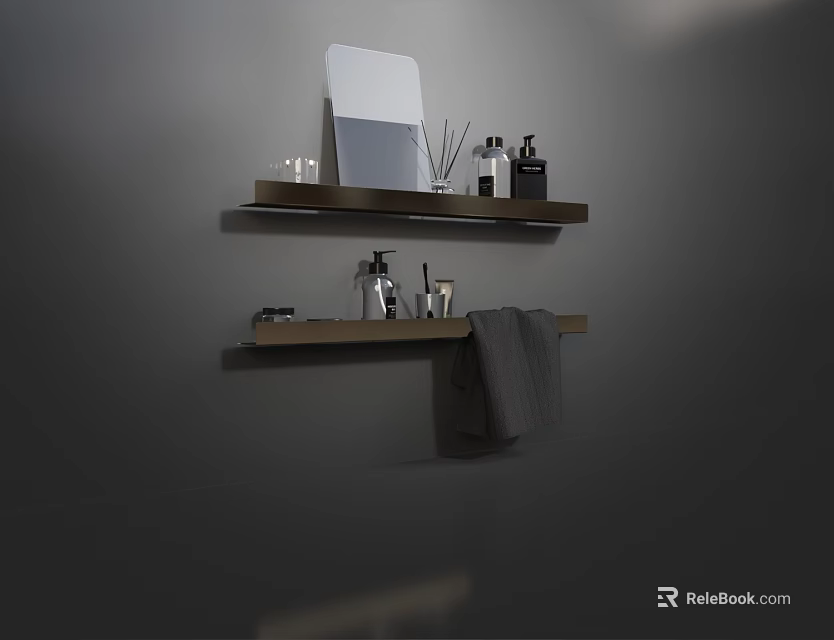 Modern Bathroom Accessories With Wall Mounted Shelves Mirror Toiletries And Towel 3d model 