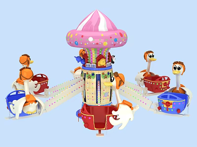 Colorful Umbrella Shaped Rotating Amusement Ride With Pink Top Cartoon Animal Seats 3d model