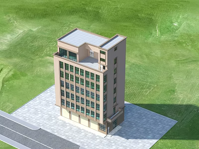 Multistory Residential Building With Light Brown Exterior Windows Green Grass And Paved Ground 3d model