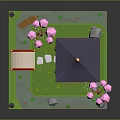 Japanese Style Garden Model With Pagoda Red Bridge Pink Cherry Blossoms Green Grass And Lanterns