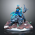 Game and Movie Character Warrior In Blue Armor Riding Frost Wolf On Snowy Rock Base