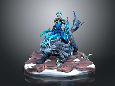 Game and Movie Character Warrior In Blue Armor Riding Frost Wolf On Snowy Rock Base 3d model