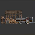 Rustic Outdoor Scene With Wooden Shed Stacked Logs Workbench Stump And Trailer On Green Grass