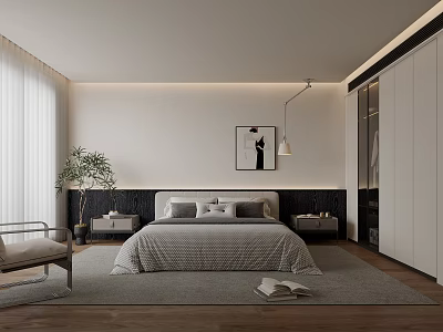 Elegant Modern Bedroom Interior Design With Gray Bedding White Wardrobe Potted Plant And Area Rug 3d model