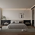 Elegant Modern Bedroom Interior Design With Gray Bedding White Wardrobe Potted Plant And Area Rug