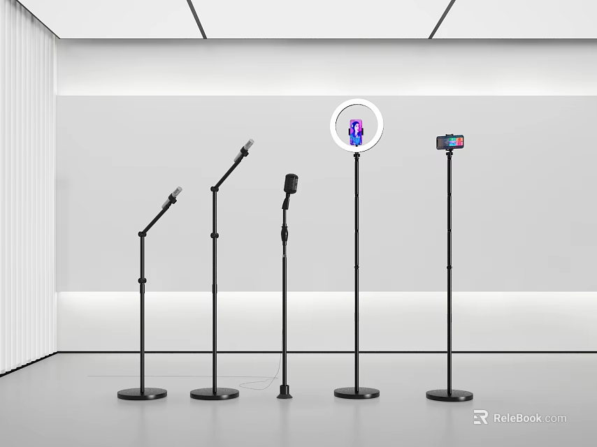 Professional Commercial Audio Video Equipment Including Microphone Stands And Ring Lights 3d model 