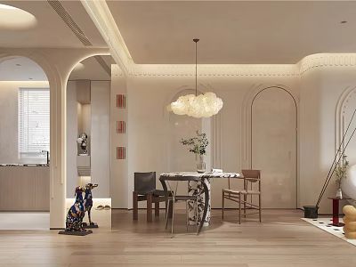Modern Living Dining Room Open Concept With Arched Doorways Pendant Light And Wooden Flooring 3d model