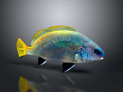 Vibrant Fish With Yellow Fins And Shimmering Blue Green Scales On Gray Background 3d model