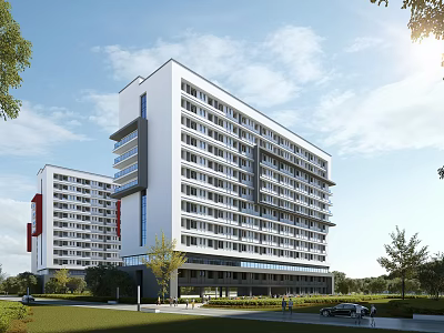 Modern White School Buildings With Red Accents Green Lawns Trees Blue Sky And Sunlight 3d model