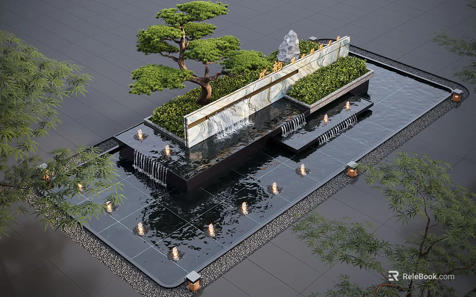 Decorative Water Fountain With Stone Wall Green Plants And Ambient Lighting In Courtyard 3d model 