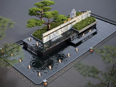 Decorative Water Fountain With Stone Wall Green Plants And Ambient Lighting In Courtyard 3d model