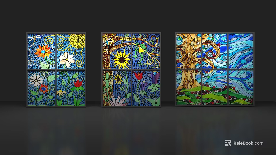 Colorful Mosaic Decorative Ornament Set With Flowers Trees And Natural Elements Design 3d model 
