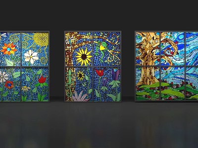 Colorful Mosaic Decorative Ornament Set With Flowers Trees And Natural Elements Design 3d model