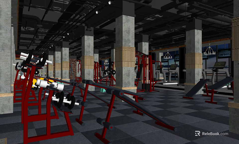 Modern Fitness Gym With Red Workout Equipment Dumbbells Barbell Racks And Columns 3d model 