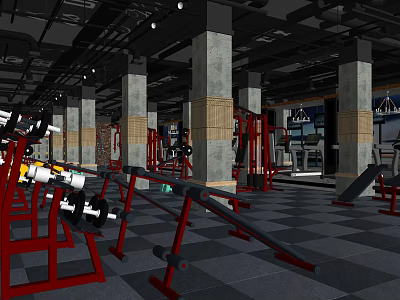 Modern Fitness Gym With Red Workout Equipment Dumbbells Barbell Racks And Columns 3d model