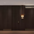 Modern Hotel Corridor With Dark Wooden Walls Multiple Doors And Wall Lamp