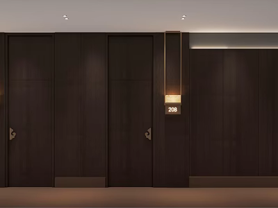 Modern Hotel Corridor With Dark Wooden Walls Multiple Doors And Wall Lamp 3d model