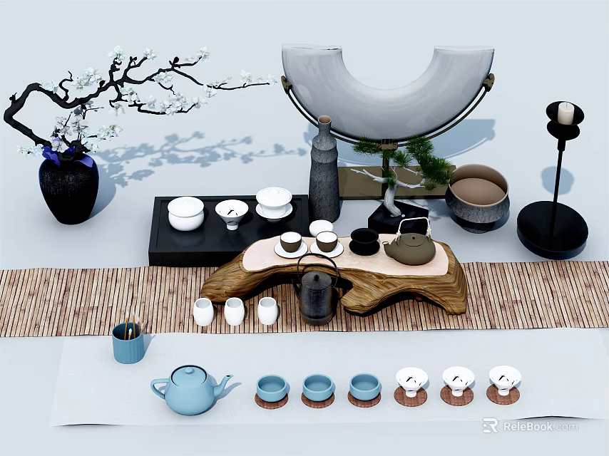 Elegant Tea Set with Teapot Teacups Wooden Tray on Mat and Decorative Branch Vase 3d model 