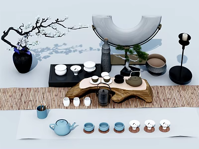 Elegant Tea Set with Teapot Teacups Wooden Tray on Mat and Decorative Branch Vase 3d model