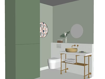 Green Bathroom Washbasin With Round Mirrors Gold Faucet White Countertop And Gold Shelf 3d model
