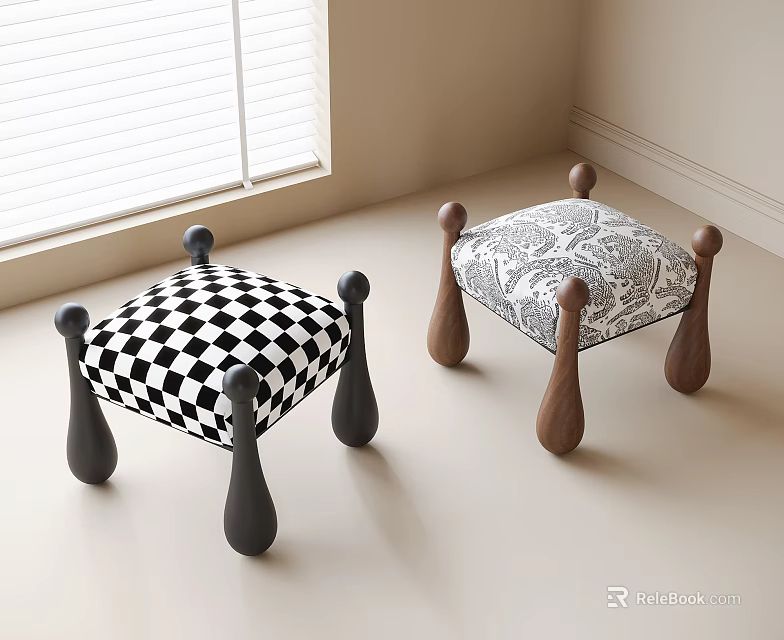Black and white checkered and patterned stools with black and brown legs in indoor room 3d model 