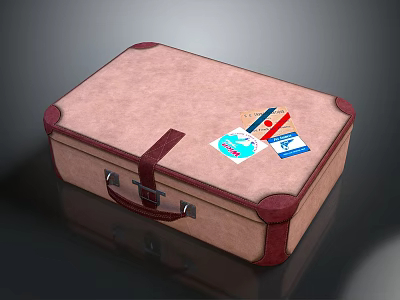 Brown Textured Suitcase With Red Straps Edges And Travel Stickers For Daily Use 3d model
