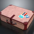 Brown Textured Suitcase With Red Straps Edges And Travel Stickers For Daily Use