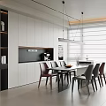 Modern Restaurant Interior With Open Kitchen Dining Table Chairs And Cabinets