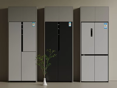 Modern Fridge Cabinets In Three Color Options For Contemporary Interior With Potted Plant 3d model