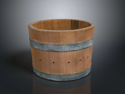 Rustic Round Wooden Barrel With Multiple Metal Hoops For Household Storage Use 3d model