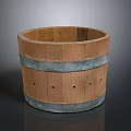 Rustic Round Wooden Barrel With Multiple Metal Hoops For Household Storage Use
