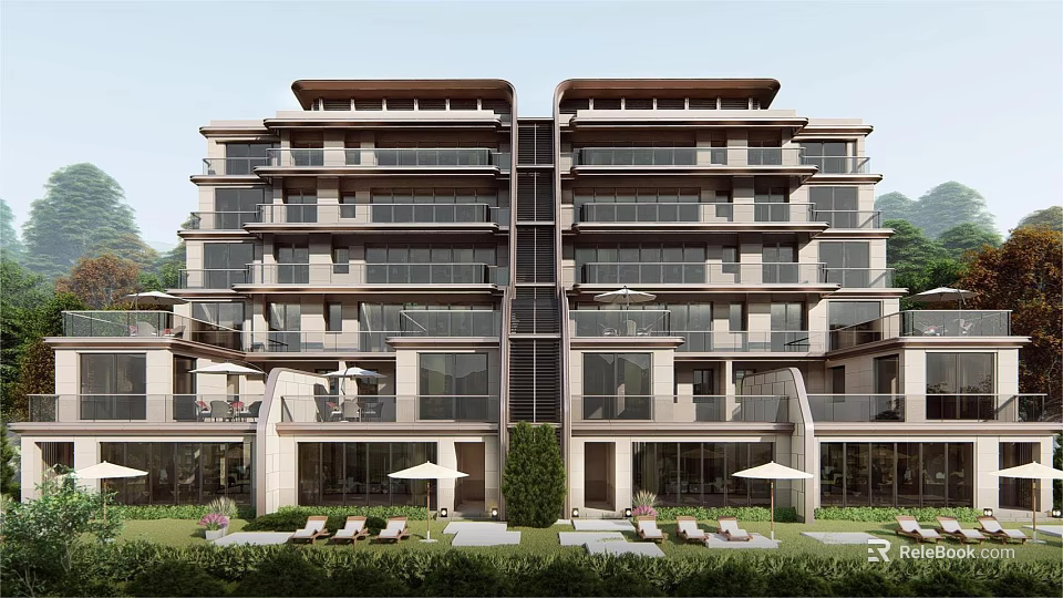 Luxury Detached Villa With Modern Multi story Design Large Windows Balconies And Lawn Area 3d model 