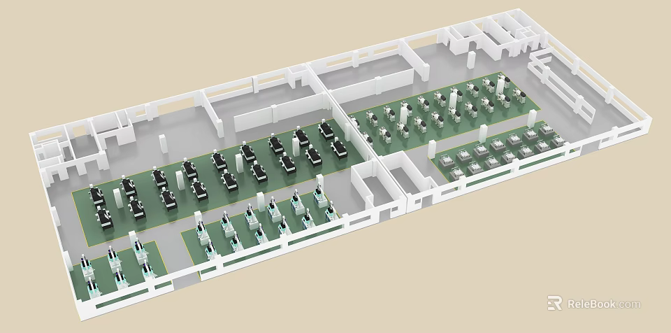 Spacious Interior Layout With Neatly Arranged Tables Chairs And Functional Sections 3d model