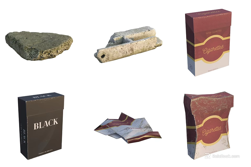 Various Stones And Cigarette Boxes Including Black Package And Wrapping Paper 3d model 