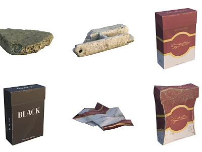 Various Stones And Cigarette Boxes Including Black Package And Wrapping Paper 3d model
