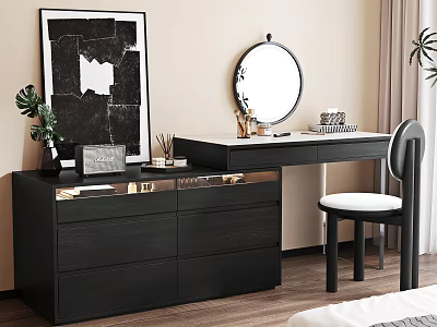 Black Bedroom Dresser With Drawers Round Mirror Chair White Cushion Decorative Items and Potted Plant 3d model