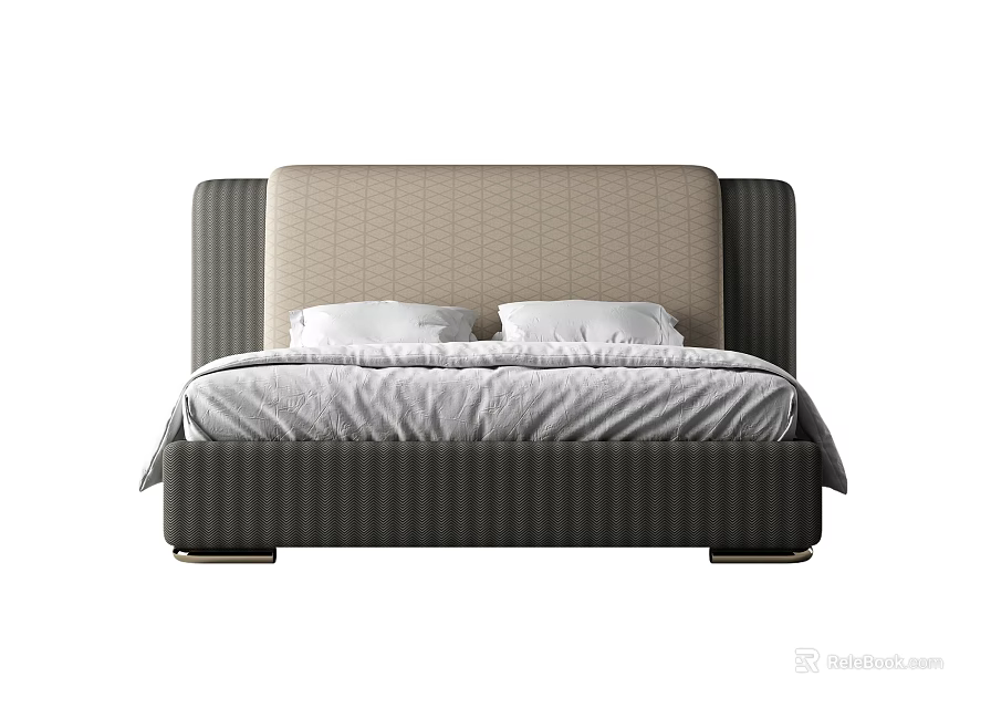 Stylish Double Bed With Quilted Headboard Soft White Pillows And Neutral Bedspread 3d model 