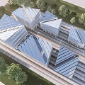Modern Commercial Street Architectural Design With Sloped Metal Roofs And Trees