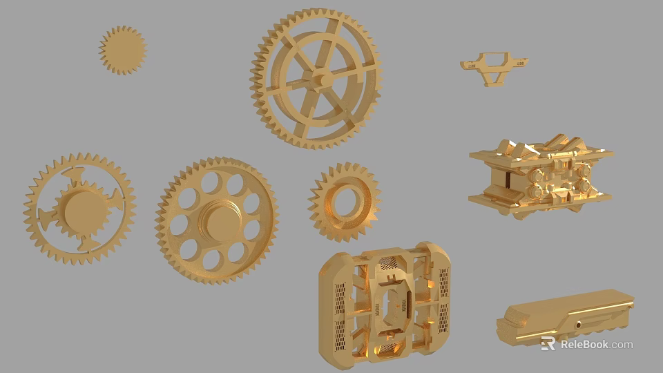 Golden Mechanical Gears and Parts Featuring Various Sizes and Intricate Designs 3d model 