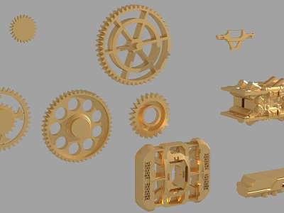 Golden Mechanical Gears and Parts Featuring Various Sizes and Intricate Designs 3d model
