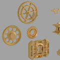 Golden Mechanical Gears and Parts Featuring Various Sizes and Intricate Designs