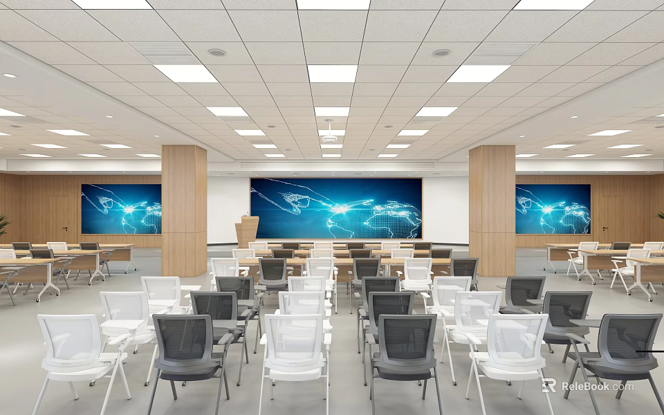 Modern Conference Room Interior Design With Multiple Screens Wooden Panels And Ceiling Lights 3d model 