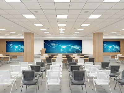 Modern Conference Room Interior Design With Multiple Screens Wooden Panels And Ceiling Lights 3d model