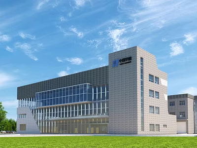 Modern Office Building With Glass Curtain Walls Gray Exterior And Green Lawn Under Blue Sky 3d model