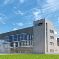 Modern Office Building With Glass Curtain Walls Gray Exterior And Green Lawn Under Blue Sky