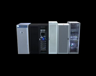 Various Computer Server Racks Featuring Open Closed Designs and Internal Equipment with Indicator Lights 3d model
