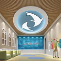 Kindergarten Classroom With Colorful Tables Chairs Round Ceiling Decorations And Cartoon Murals