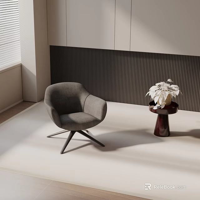 Gray Accent Chair With Side Table White Flowers Vertical Striped Dark Wall And White Cabinets 3d model 